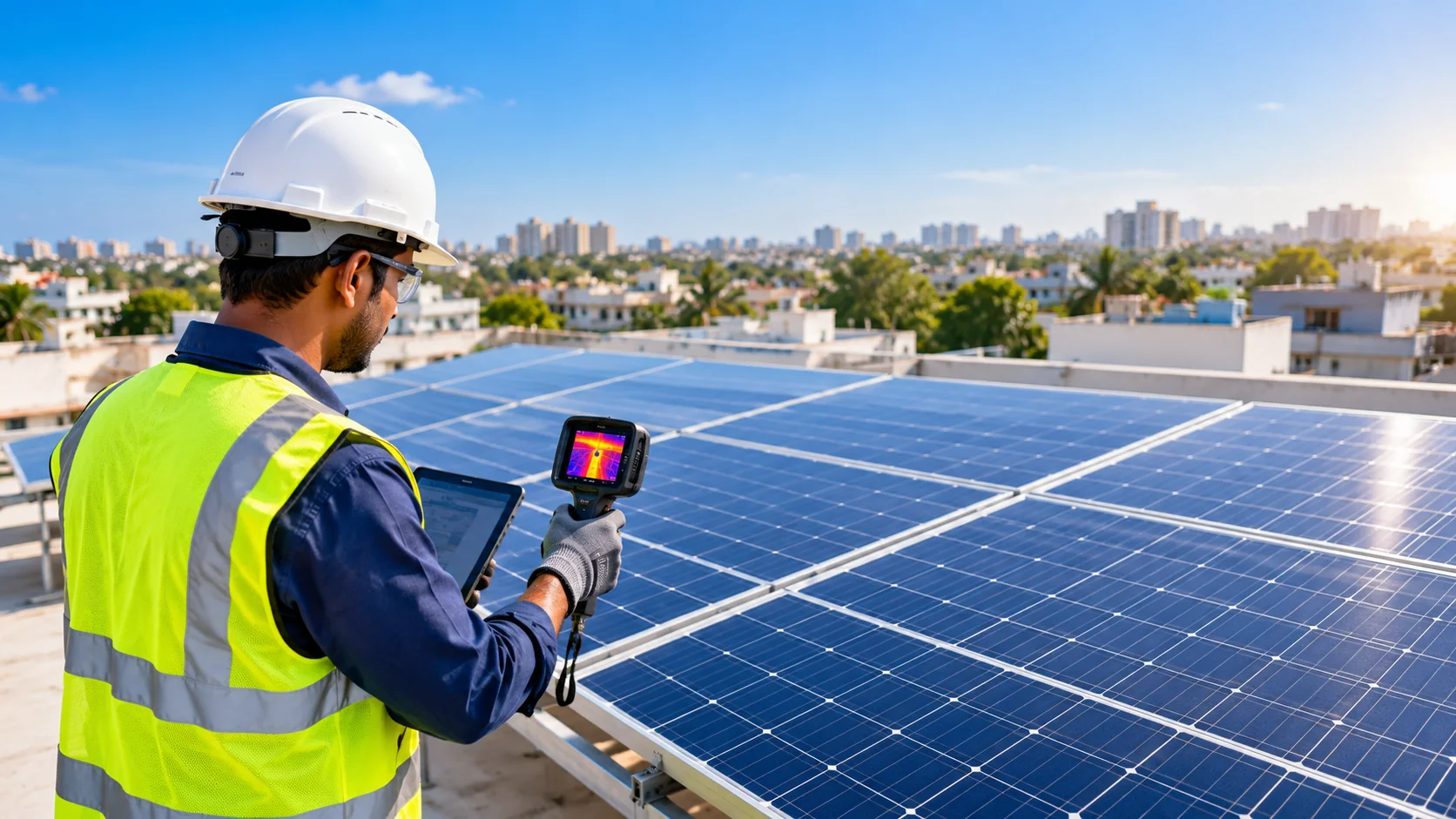 Solar operations and maintenance illustration showing inspection and panel cleaning